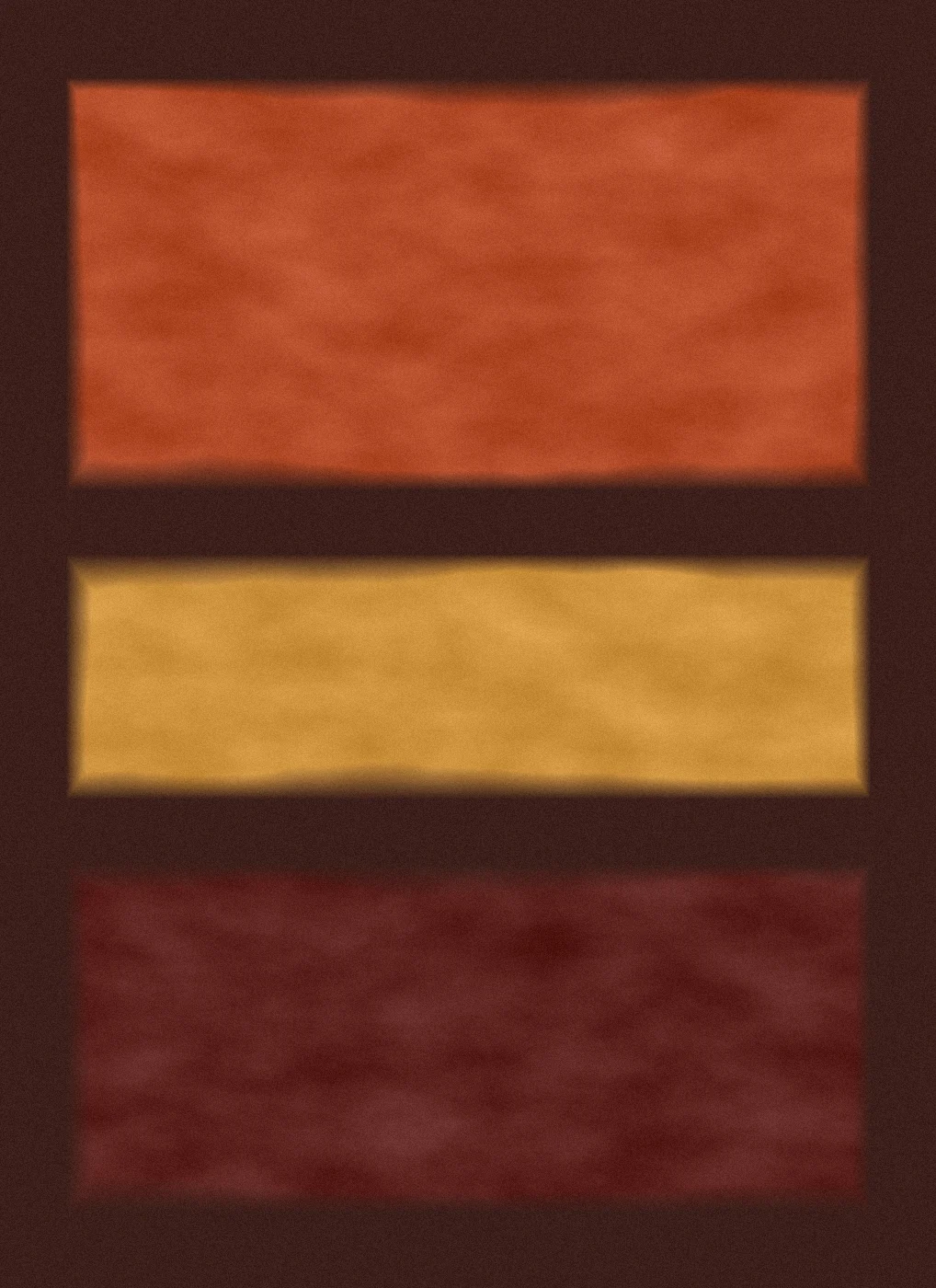 Tres bandas de color de bordes suaves, óxido, ocre y granate, sobre fondo marrón oscuro.